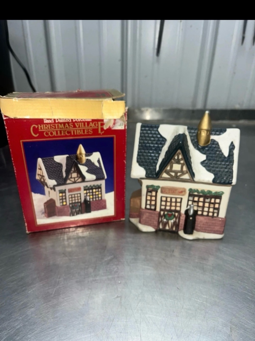 Christmas Village Collectibles Hand Painted Porcelain Tudor House - White/Blue
